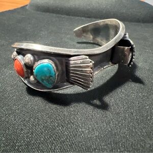 Vintage Sterling Native Watch Band Bangle Cuff Bracelet Turquoise & Coral 39.0g